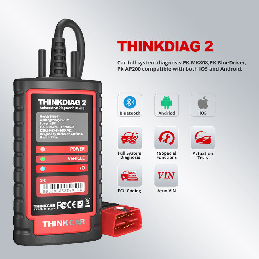 Original THINKCAR Thinkdiag2 OBD2 Scanner Support CAN FD Protocols Free Full Systems 16 Reset Car Diagnostic Tool PK GOLO DBSCAR