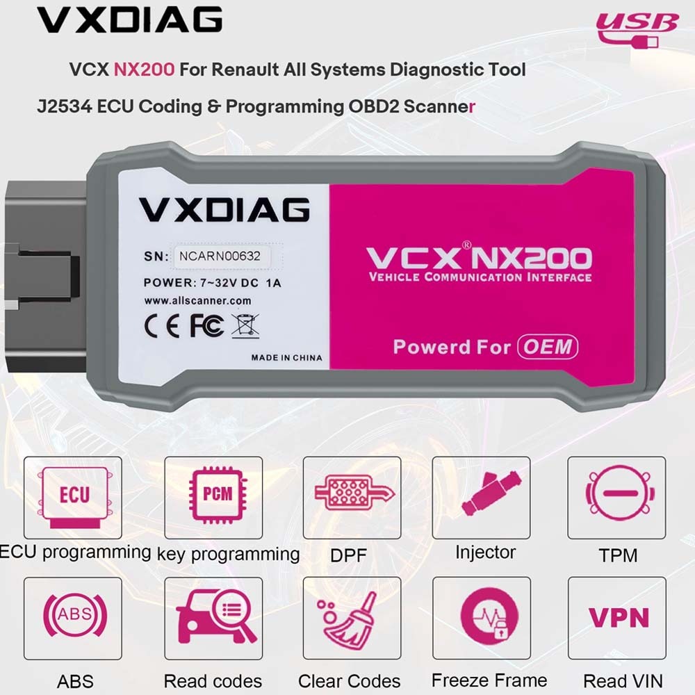 (USB Version) VXDIAG VCX NANO VCX NX200 Diagnostic Tool for Renault Clip OBD2 Scanner All Systems Diagnosis 2005-2022