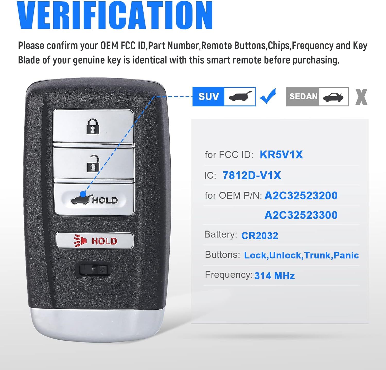(314.2Mhz) KR5V1X Smart Key For Acura MDX RDX Remote Control Key