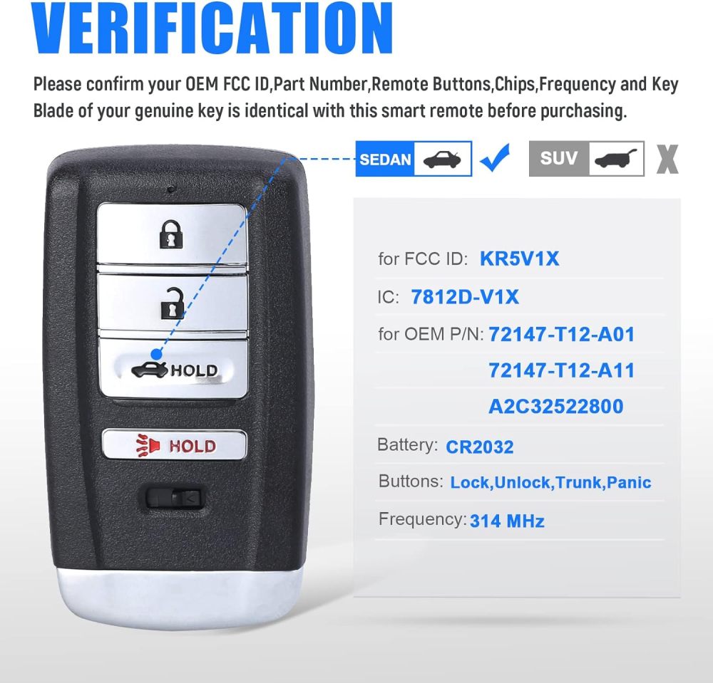 (433Mhz) KR5V2X Smart Key Remote Control For Acura TLX Standard TLX Base
