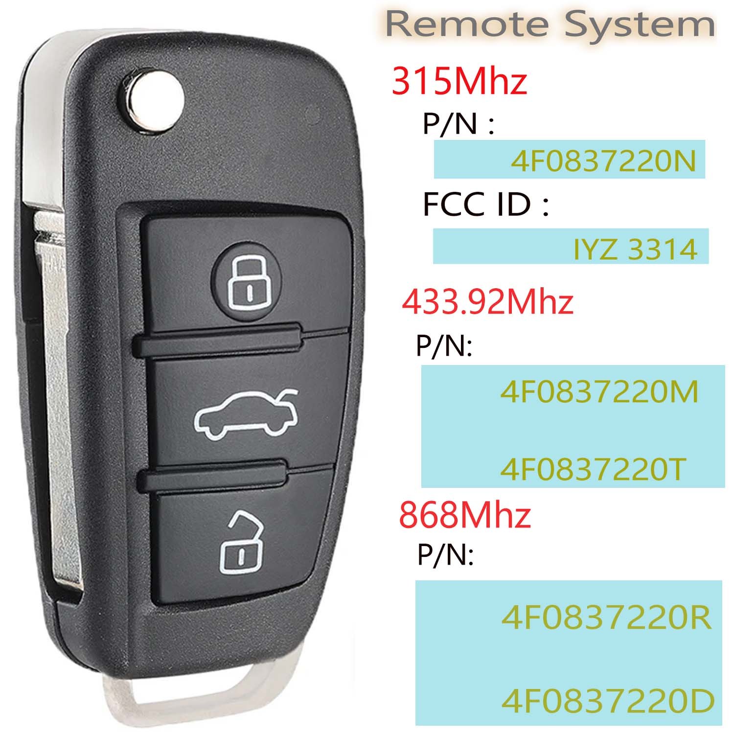 315MHz / 434MHz / 868MHz J518 Remote System Folding Key Flip Remote Key 8E Chip For Audi A6 Q7 S6