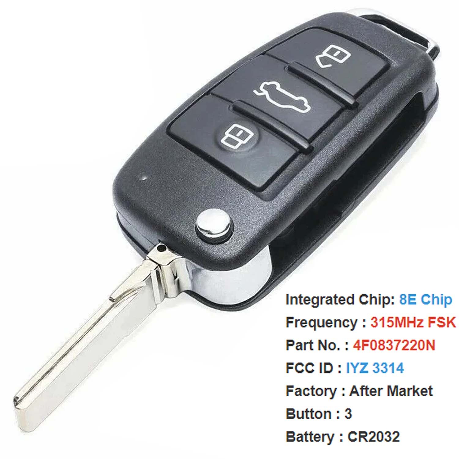 315MHz / 434MHz / 868MHz J518 Remote System Folding Key Flip Remote Key 8E Chip For Audi A6 Q7 S6