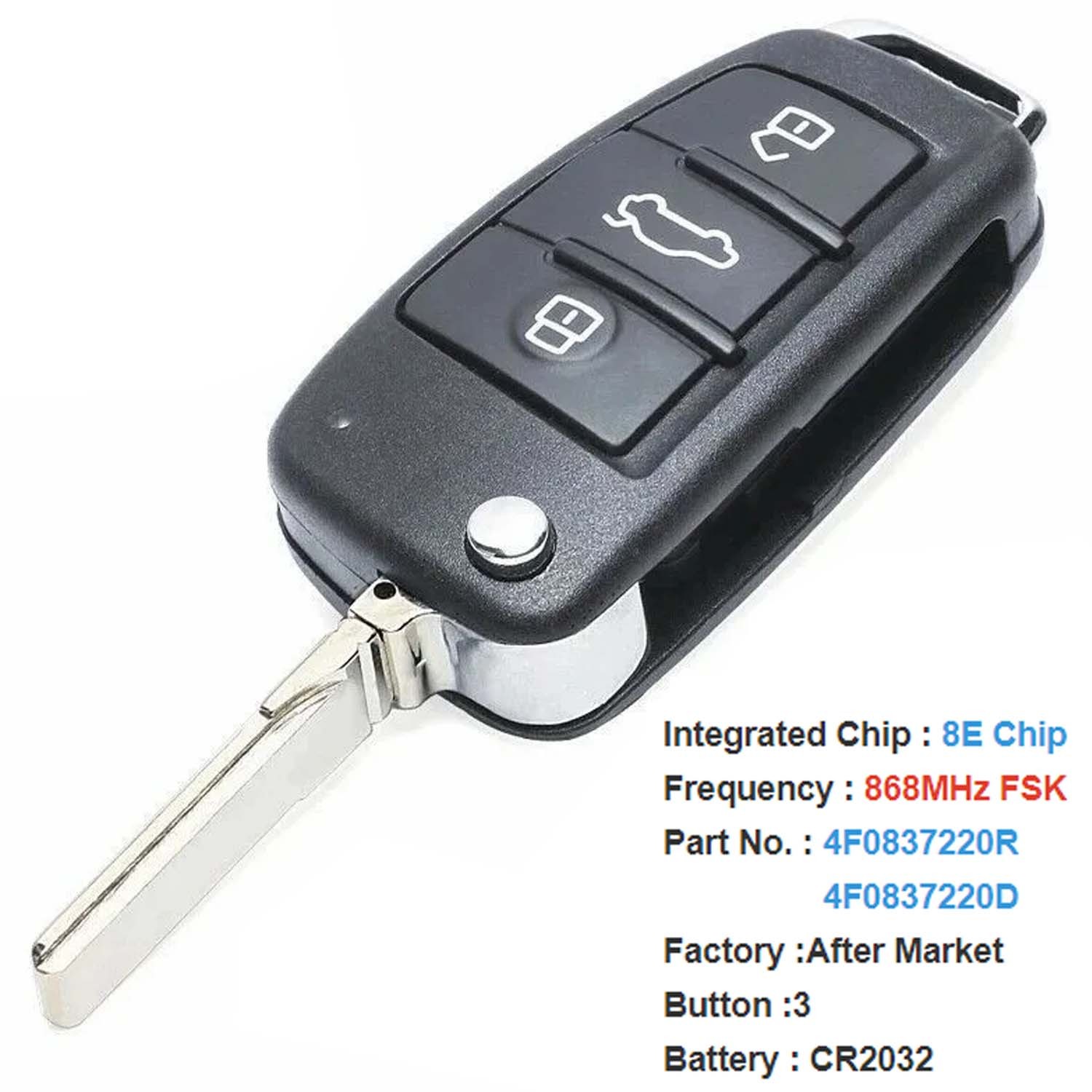 315MHz / 434MHz / 868MHz J518 Remote System Folding Key Flip Remote Key 8E Chip For Audi A6 Q7 S6