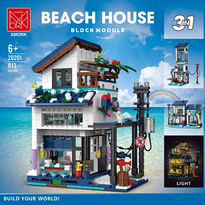 XMORK Creator Buildings 3 in 1 Street View series Beach House 813PCS block toys 20201