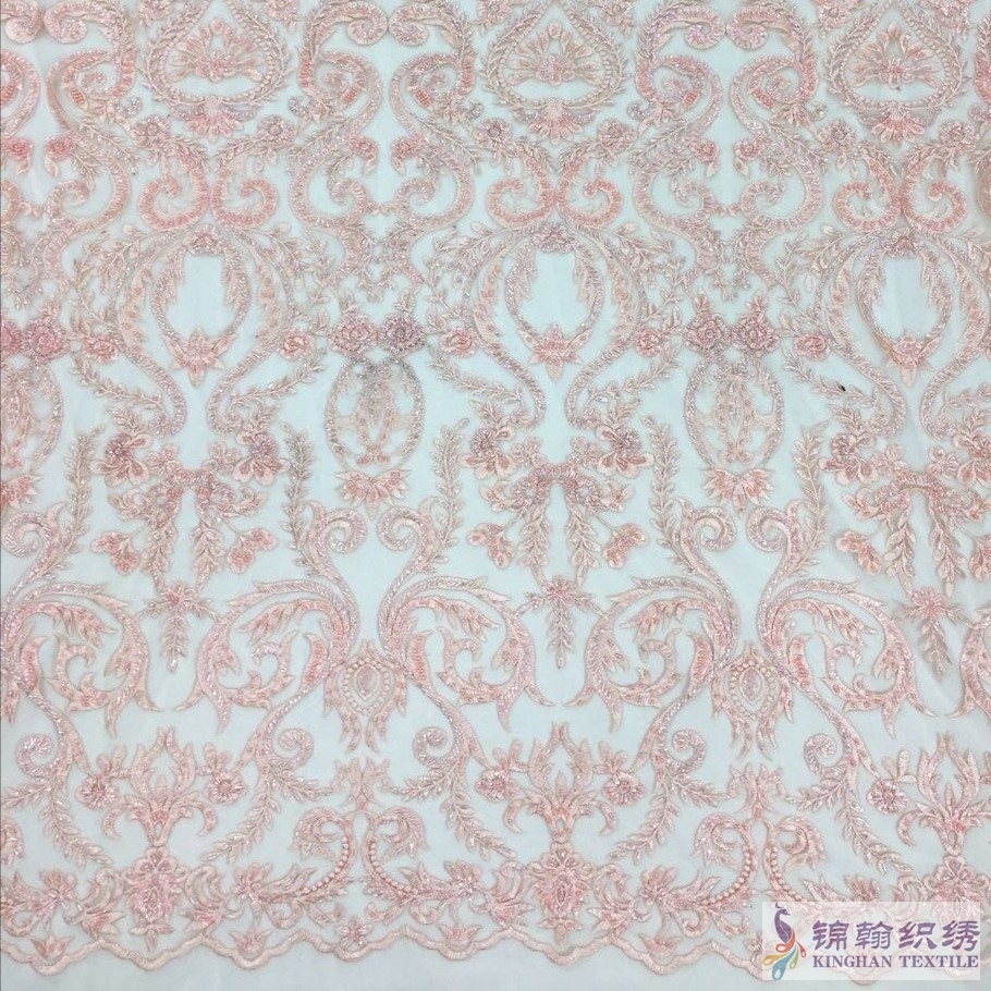 Heavy beaded lace fabric wavy style bridal lace fabric