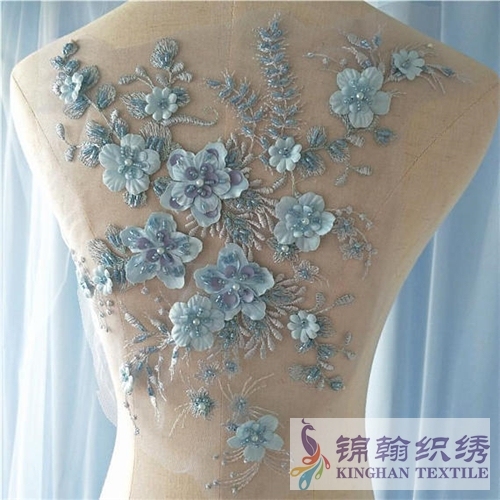 Beaded sequined 3D lace applique ivory embroidered