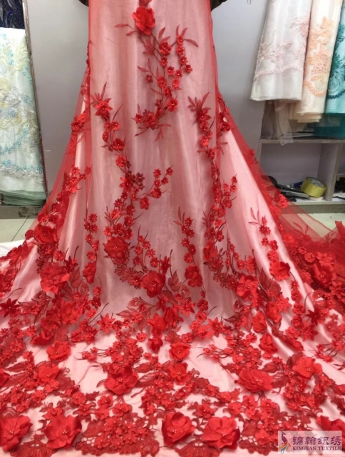 3D lace fabric with 3D flowers bridal 3D beaded fabric
