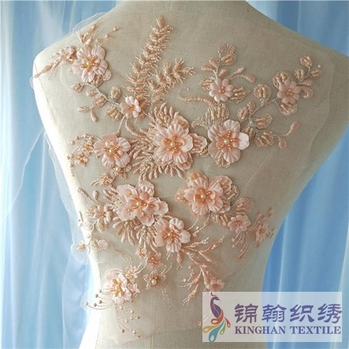 Beaded sequined 3D lace applique ivory embroidered