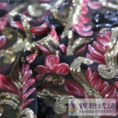 KHSF1003 Red Gold Black Tricolor Large Flower Mesh 3mm Sequin Embroidered Fabric