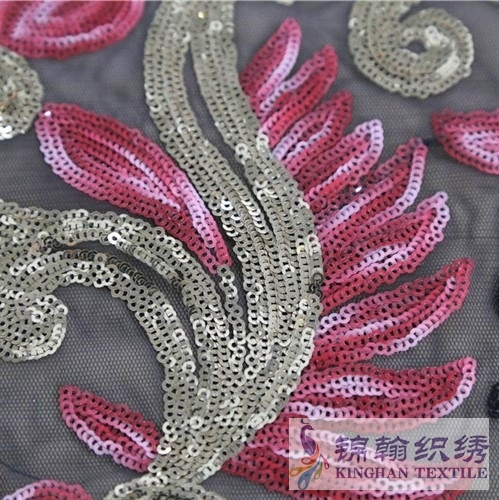 KHSF1003 Red Gold Black Tricolor Large Flower Mesh 3mm Sequin Embroidered Fabric