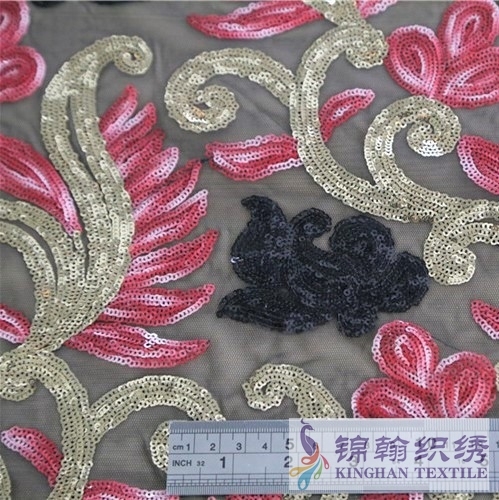 KHSF1003 Red Gold Black Tricolor Large Flower Mesh 3mm Sequin Embroidered Fabric