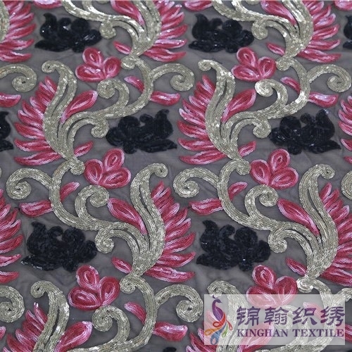 KHSF1003 Red Gold Black Tricolor Large Flower Mesh 3mm Sequin Embroidered Fabric