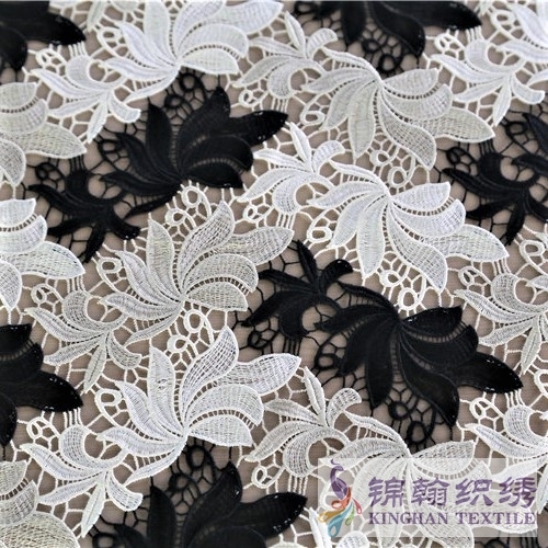 KHLF2006 White Offwhite Black Tricolor Floral Guipure Lace Fabric