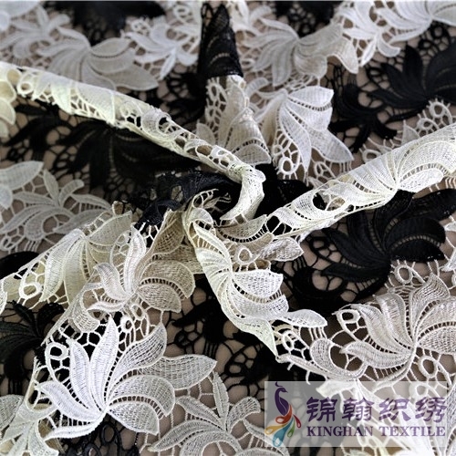 KHLF2006 White Offwhite Black Tricolor Floral Guipure Lace Fabric