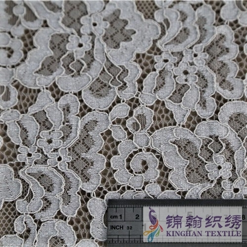 KHLF3008 White Gray Two-tone Floral Corded Lace Fabric