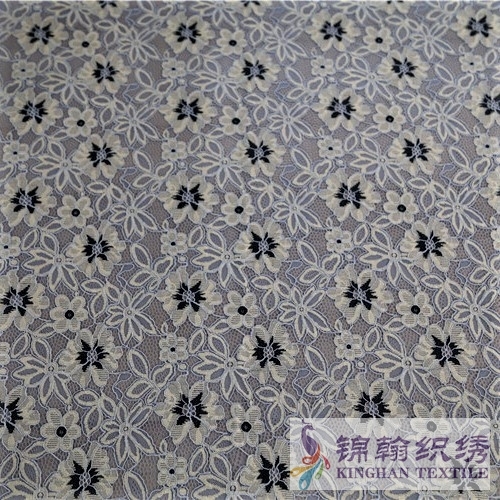 KHLF3013 Light Yellow Blue Black Tricolor Corded Lace Fabric