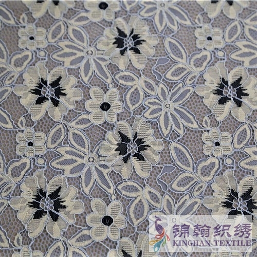 KHLF3013 Light Yellow Blue Black Tricolor Corded Lace Fabric