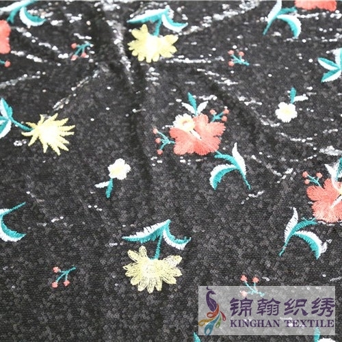 KHSF1017 3mm Black Colorful Flower Sequins Fabric