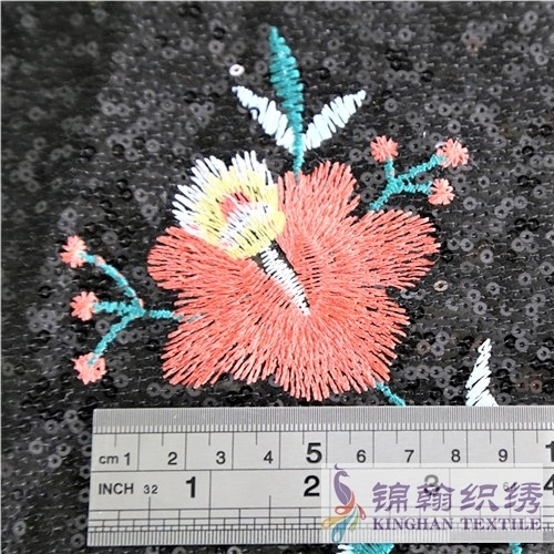 KHSF1017 3mm Black Colorful Flower Sequins Fabric