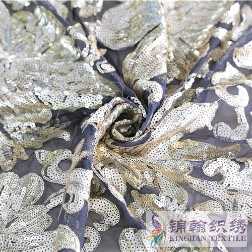 KHSF1020 3+5mm Gold Large Flower Sequins Fabric