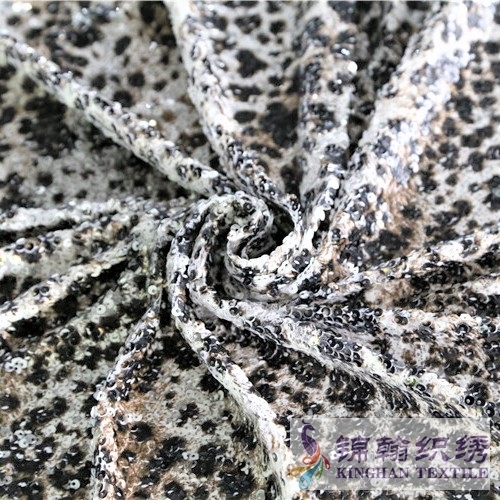 KHSF3006S 5mm White Sequins Snow Leopard Printed Embroidered on Stretch Mesh Fabric