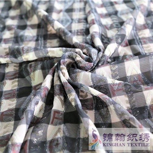 KHSF3003W 3mm Gold White Big Plaid Printed Sequins Embroidered on Chiffon Fabric