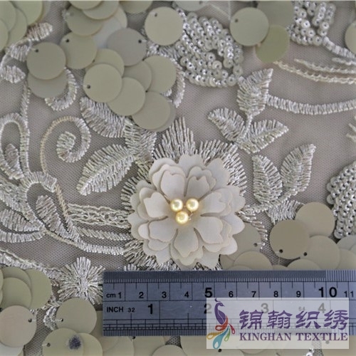 KHSF5003 18mm Gold Yellow 3D Flower Sequins Beaded Embroidered on Mesh Fabric