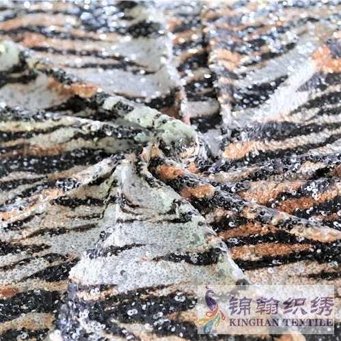 KHSF3005 5mm White Sequins Stripe Printed Embroidered on Stretch Mesh Fabric