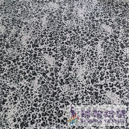 KHSF3006S 5mm White Sequins Snow Leopard Printed Embroidered on Stretch Mesh Fabric