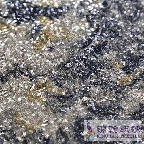 KHSF3009S 3mm Black Gold White Impression Printed Sequins Embroidered Stretch Mesh Fabric