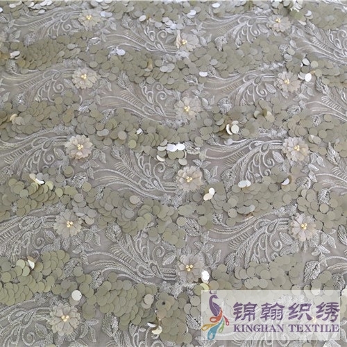 KHSF5003 18mm Gold Yellow 3D Flower Sequins Beaded Embroidered on Mesh Fabric
