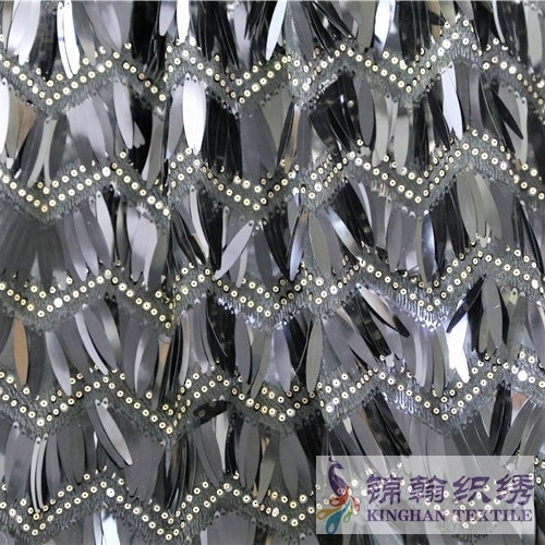 KHSF6006 40mm Black Tiger Tooth Shape Wave Fringe Sequins Embroidered on Mesh Fabric