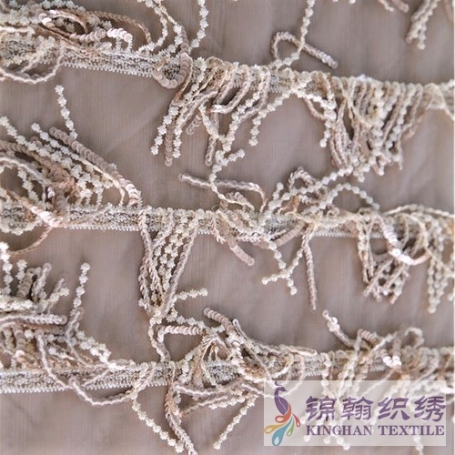 KHSF6003 3mm Gold Fringe Sequins Embroidered on Mesh Fabric