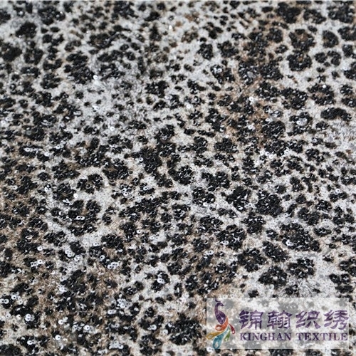 KHSF3006S 5mm White Sequins Snow Leopard Printed Embroidered on Stretch Mesh Fabric