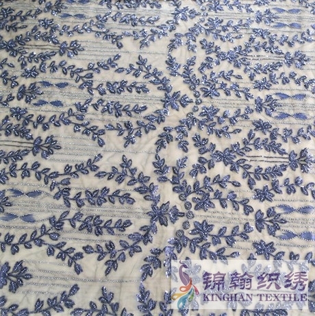 KHSF4004 3mm Navy Beaded Blue Leaves Pattern Embroidered on Mesh Fabric