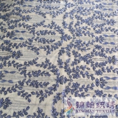 KHSF4004 3mm Navy Beaded Blue Leaves Pattern Embroidered on Mesh Fabric
