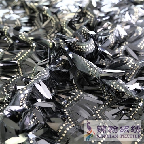 KHSF6006 40mm Black Tiger Tooth Shape Wave Fringe Sequins Embroidered on Mesh Fabric