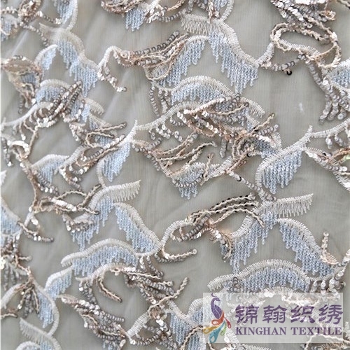 KHSF6002 3mm Gold Wave Shape Fringe Sequins Embroidered on Mesh Fabric