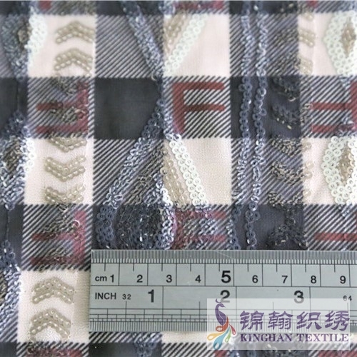 KHSF3003W 3mm Gold White Big Plaid Printed Sequins Embroidered on Chiffon Fabric