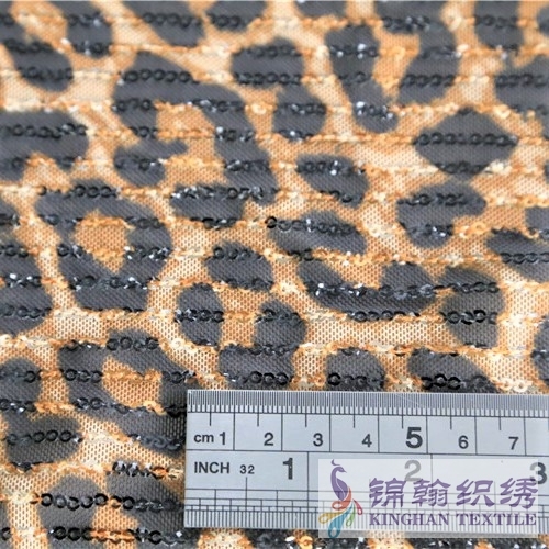 KHSF3010S 3mm Sequins Snow Leopard Printed Embroidered on Stretch Mesh Fabric
