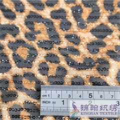 KHSF3010S 3mm Sequins Snow Leopard Printed Embroidered on Stretch Mesh Fabric