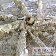 KHSF5003 18mm Gold Yellow 3D Flower Sequins Beaded Embroidered on Mesh Fabric