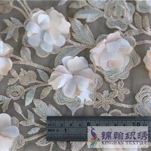 KHSF5002 Pink Black Yellow 3D Flower Sequins Beaded Embroidered on Mesh Fabric