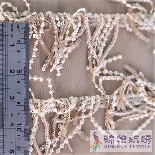 KHSF6003 3mm Gold Fringe Sequins Embroidered on Mesh Fabric
