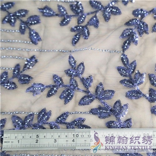 KHSF4004 3mm Navy Beaded Blue Leaves Pattern Embroidered on Mesh Fabric