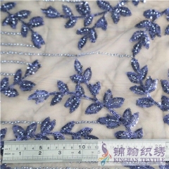 KHSF4004 3mm Navy Beaded Blue Leaves Pattern Embroidered on Mesh Fabric