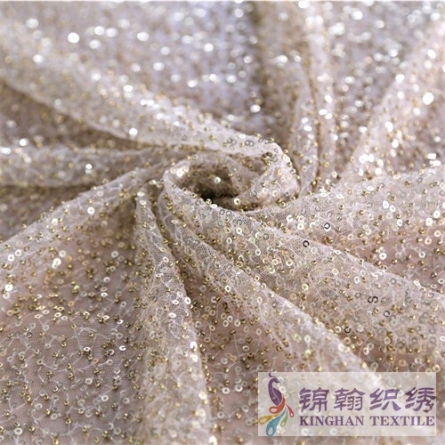 KHSF4003 3mm Gold Sequins Beaded Irregular Pattern Embroidered on Mesh Fabric