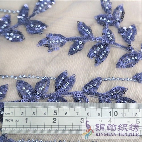 KHSF4004 3mm Navy Beaded Blue Leaves Pattern Embroidered on Mesh Fabric
