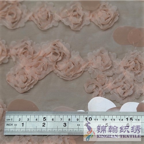 KHSF5001 Pink 3D Flower Sequins Embroidered on Mesh Fabric