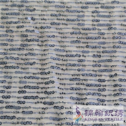 KHSF4001 3mm Black Sequins Beaded Linear Embroidered on Mesh Fabric